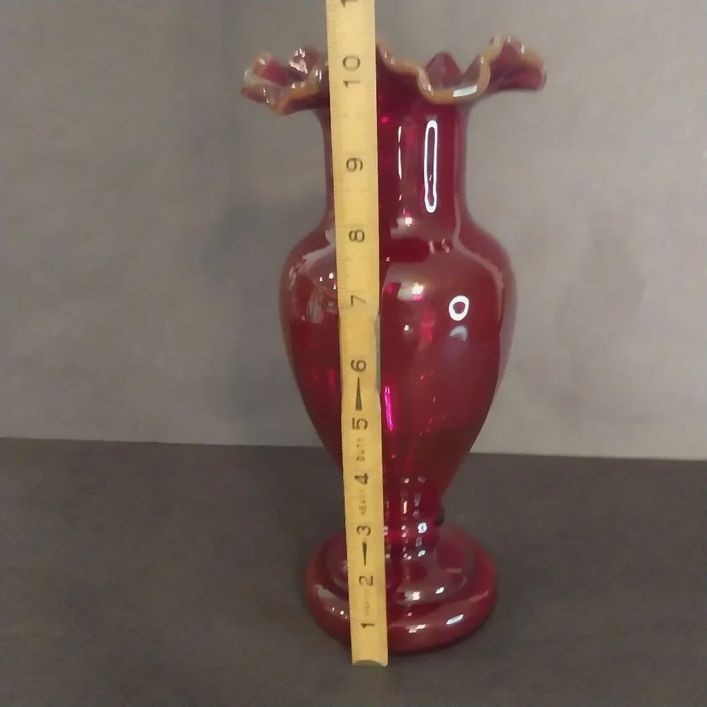 Ruby Red Amberina Glass Vase GLOWS Antique Vintage Ruffled Top
